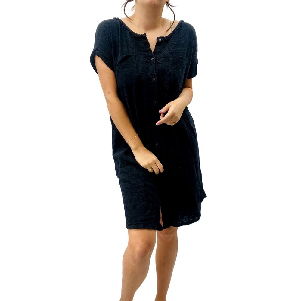 Raquel Allegra Black Gauze Button Down‎ Shift Dress